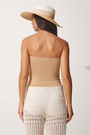 Женская трикотажная блузка без бретелек цвета песочного цвета UB00066