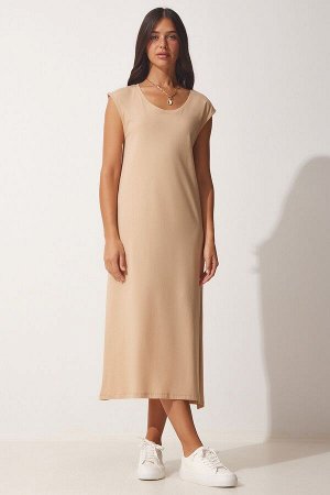 Женское повседневное трикотажное платье без рукавов бисквитного цвета UB00112