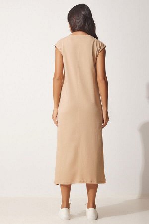 Женское повседневное трикотажное платье без рукавов бисквитного цвета UB00112