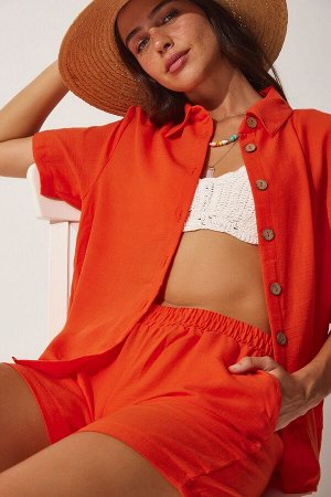 Женский комплект с рубашкой и льняными шортами оранжевого цвета FN03075