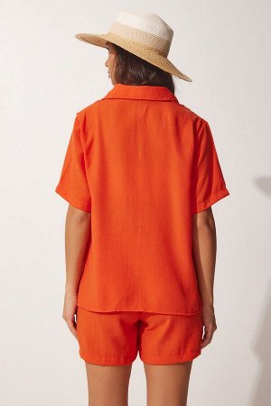Женский комплект с рубашкой и льняными шортами оранжевого цвета FN03075