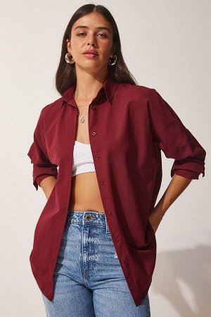 Женская бордовая длинная базовая рубашка оверсайз DD00842