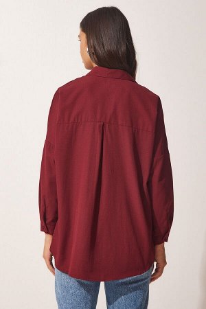 Женская бордовая длинная базовая рубашка оверсайз DD00842