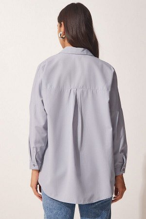 Женская серая длинная базовая рубашка оверсайз DD00842
