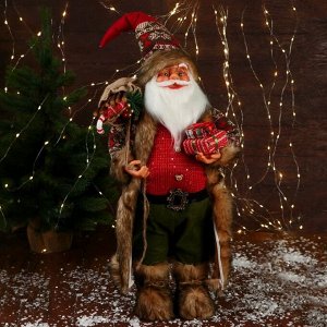 Дед Мороз "В вязаном жилете, с подарками" 60 см, красный