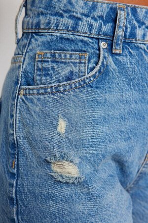 Синие длинные прямые джинсы с завышенной талией и рваными рваными джинсами