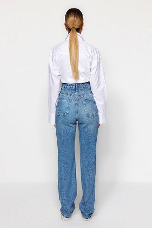 Синие длинные прямые джинсы с завышенной талией и рваными рваными джинсами