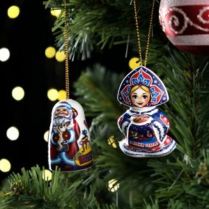 Набор ёлочных игрушек «Дед Мороз и Машенька», 6 см, керамика