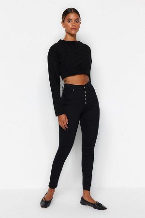 Trendyomilla Невыцветающие черные джинсы скинни на пуговицах спереди с высокой талией