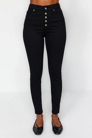 Невыцветающие черные джинсы скинни на пуговицах спереди с высокой талией