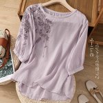 Летняя блуза с короткими рукавами и вышивкой из хлопка и льна, светло-фиолетовая