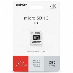 Карта памяти MicroSDHC SmartBuy, 32GB cl10 PRO U3 R/W90/70 MB/s + SD, SB32GBSDCL10U3-01