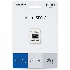 Карта памяти MicroSDXC "SmartBuy" 512GB cl10 UHS + SD, SB512GBSDCL10-01