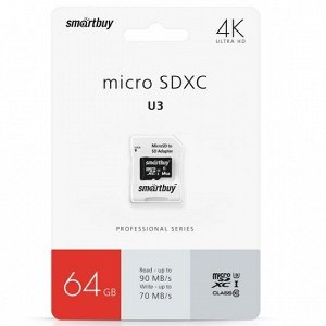 Карта памяти MicroSDXC SmartBuy 64GB cl10 PRO U3 R/W90/70 MB/s + SD