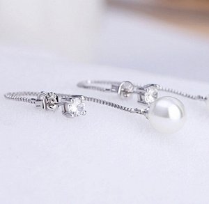 Серьги длинные со стразом и бусиной стерлинговое серебро