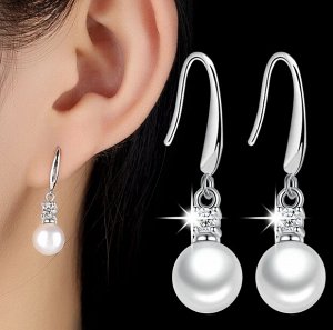 Серьги со стразом и бусиной стерлинговое серебро