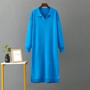 Женское трикотажное платье-рубашка оверсайз, цвет синий
