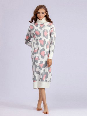 Женское платье оверсайз с высоким горлом, длинные рукава, принт "леопард", цвет белый/серый