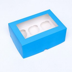 Упаковка на 6 капкейков с окном, голубая, 25 х 17 х 10 см