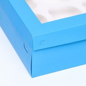 Упаковка под 9 капкейков с окном, голубая, 25 х 25 х 10 см