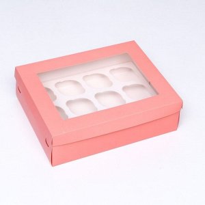 Упаковка под 12 капкейков с окном, розовая, 32,5 х 25,5 х 10 см