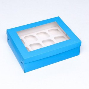 Упаковка под 12 капкейков с окном, голубая, 32,5 х 25,5 х 10 см