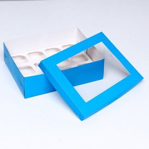 Упаковка под 12 капкейков с окном, голубая, 32,5 х 25,5 х 10 см