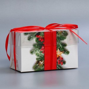Коробка для капкейка «С Новым годом», хвоя и ягоды, 16*8*10 см