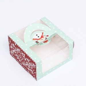 Коробка под бенто-торт с окном "Новогодний снеговик", 14 х 14 х 8 см