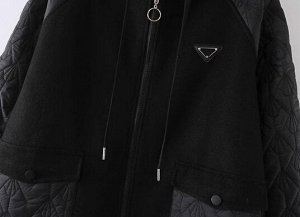 Куртка стеганая с капюшоном комбинированная, на хлопке, демисезонная, внутри флис, черный
