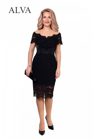 Платье Вечернее платье Блеф 8463-3 выполнено из нежного гипюра и стрейч- крепа. Сетка телесного цвета создает имитацию открытых плеч. Платье сделает свою обладательницу восхитительной и обворожительно