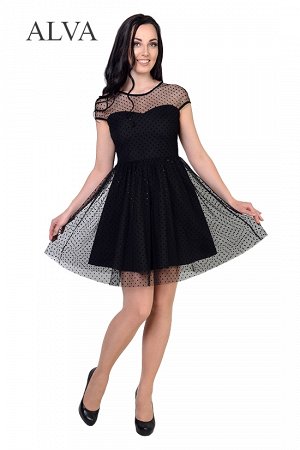 Платье Роскошное  Платье Злата 8476-4 в черном цвете подойдет для торжественных случаев. Платье идеально сидит по фигуре, выполнено из стрейчевого плательного крепа и  эластичной сетки в горошек(флок)