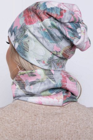 Комплект шапка и снуд (цветы/розовый) ШС08