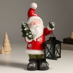 Подсвечник керамика "Дед Мороз в красной шубке, с фонарём и ёлочкой" 15,5х9х30 см