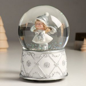 Сувенир полистоун водяной шар музыка механический "Малышка-ангел" серебро 11,5х11,5х14 см