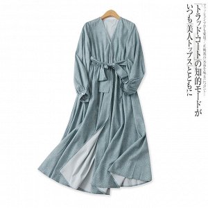 Женское длинное платье на запах, с поясом и длинным рукавом, однотонное