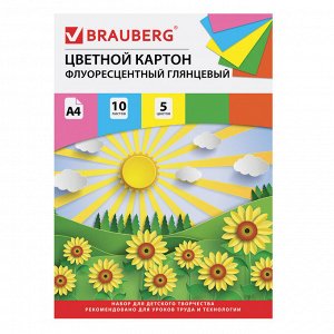 Картон цветной А4 МЕЛОВАННЫЙ ФЛУОРЕСЦЕНТНЫЙ, 10 листов, 5 цветов, в папке, BRAUBERG, 200х290мм, Лето, 129918