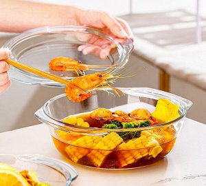 Стеклянная жаропрочная форма, блюдо для СВЧ и духовки с крышкой, для запекания и выпечки, "Круглая" / 700 мл, 18x15,5x8 см