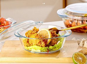 Стеклянная жаропрочная форма, блюдо для СВЧ и духовки с крышкой, для запекания и выпечки, "Круглая" / 700 мл, 18x15,5x8 см