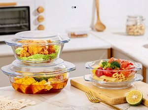 Стеклянная жаропрочная форма, блюдо для СВЧ и духовки с крышкой, для запекания и выпечки, "Круглая" / 700 мл, 18x15,5x8 см