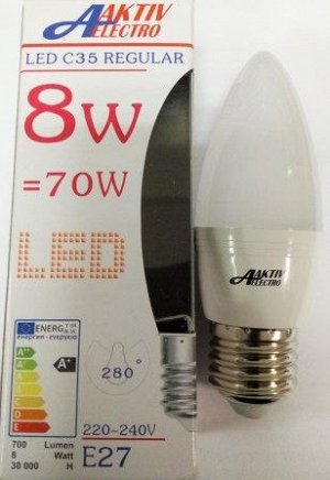 --    Aktiv-Elektro LED-C35-Regular свеча 8Вт 220-240В Е27 3000К 700Лм /100