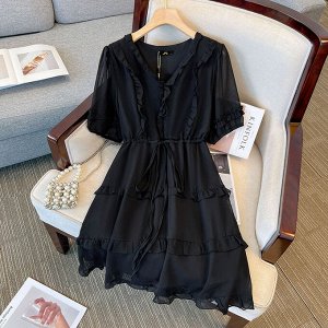 Женское платье с рюшами, цвет черный