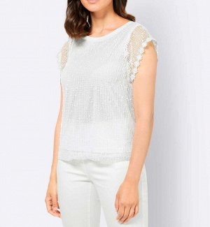 Топ, белый бренд  CrИation L  Подчеркнуто женственная блузка 2 в 1 сверкающего летнего цвета. Эффектный сетчатый материал с изысканными блестками. Рукава-крылышки с цветочным кружевом. Вшитый топ. Сво