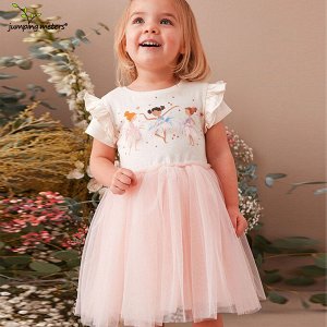 Детское розовое платье с коротким рукавом, принт Балерины