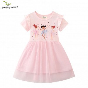 Детское розовое платье с коротким рукавом, принт Балерины