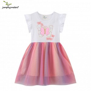 Детское платье с коротким рукавом, принт "бабочки", цвет белый/сиреневый