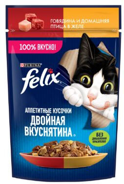 Felix Двойная Вкуснятина влажный корм для кошек Говядина+Птица в желе 75гр пауч АКЦИЯ!