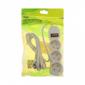 Удлинитель Luazon Lighting ECO, 3 розетки, 2.7 м, 16 А, 3500 Вт, ПВС 3x1 мм2, с заземлением, с выключателем, белый