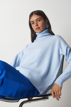 Женский голубой вязаный свитер с высоким воротником MX00128