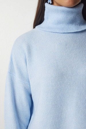 Женский голубой вязаный свитер с высоким воротником MX00128